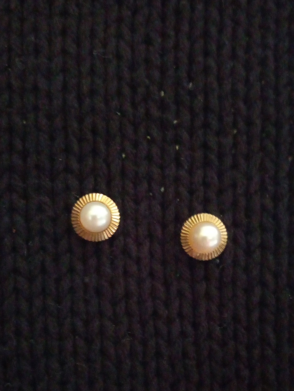 Vintage Gold Tone Fluted Sunburst Pearl Cabochon Earrings